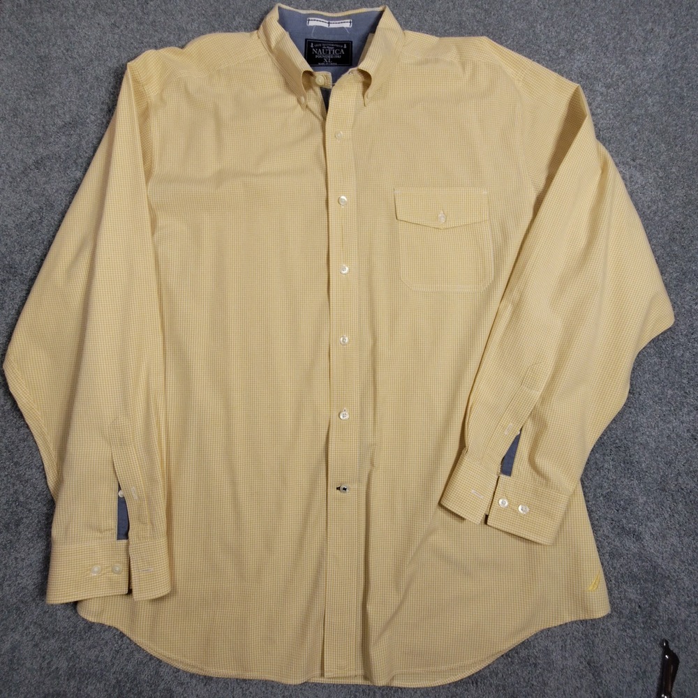 Nautica Mens XL Yellow Gingham Check Long Sleeve Button Front Shirt Sea Voyage